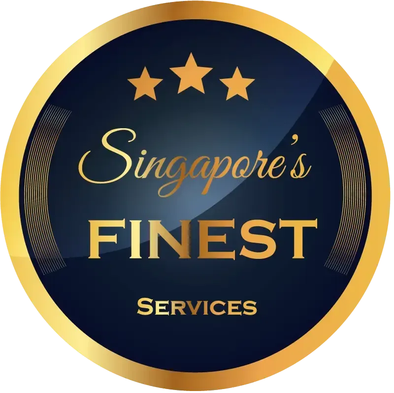 Gold and navy circular logo reading “Singapore’s Finest Services” with three stars