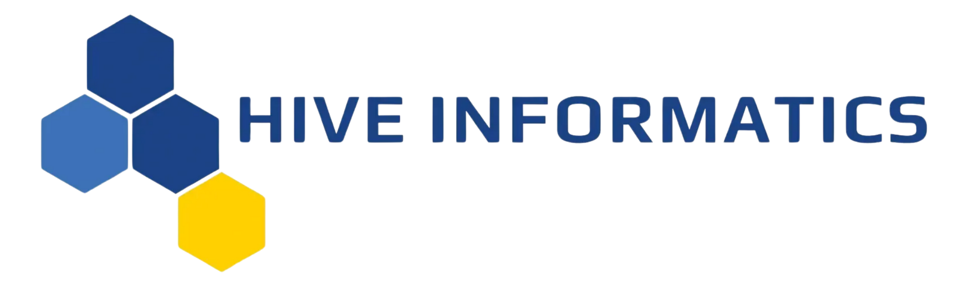 Hive Informatics logo with blue and yellow hexagons and blue text on a white background