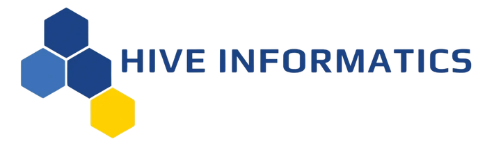 Hive Informatics logo with blue and yellow hexagons and blue text on a white background