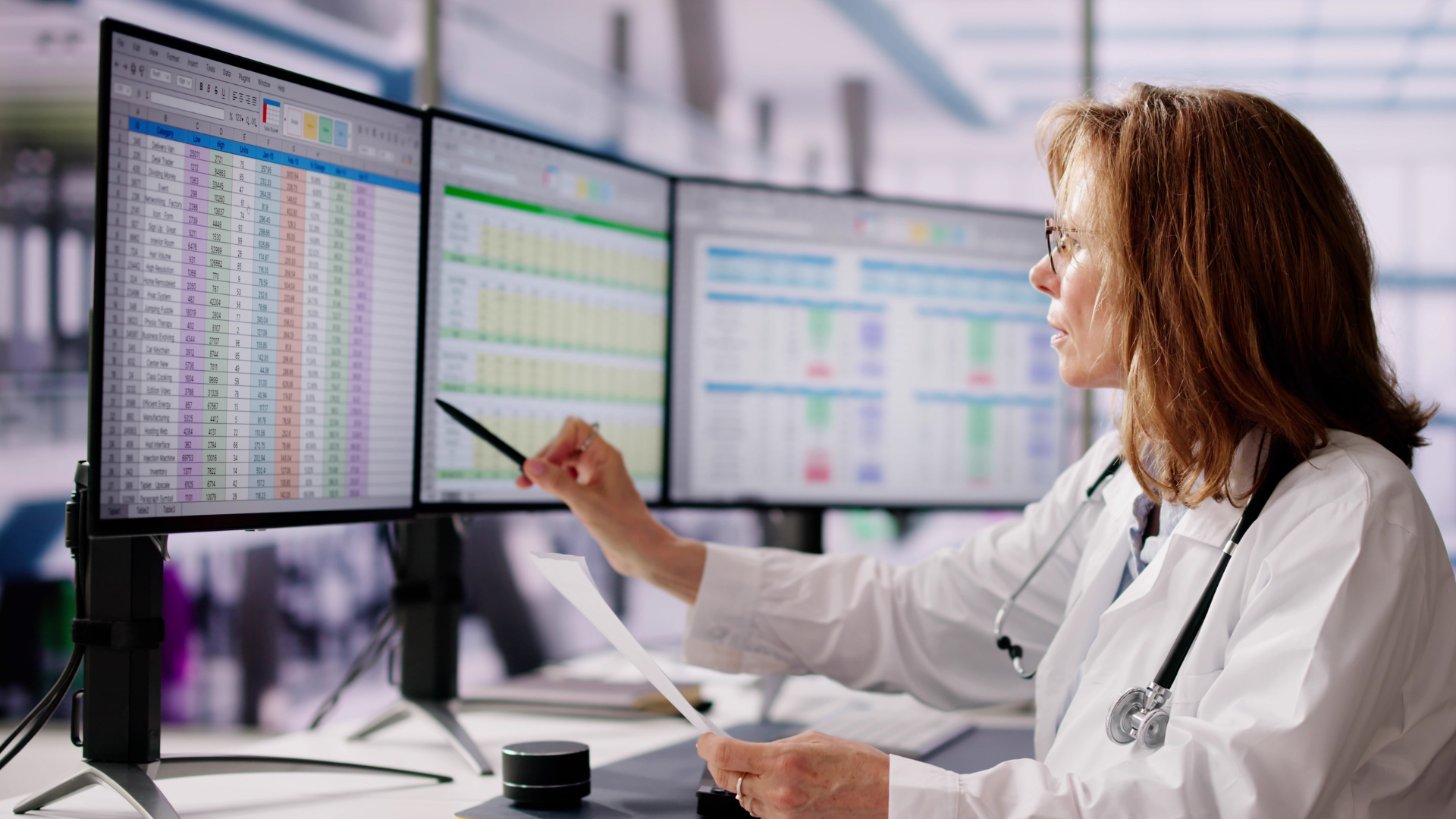 Scientist in a lab coat pointing at data on dual computer monitors in a lab office