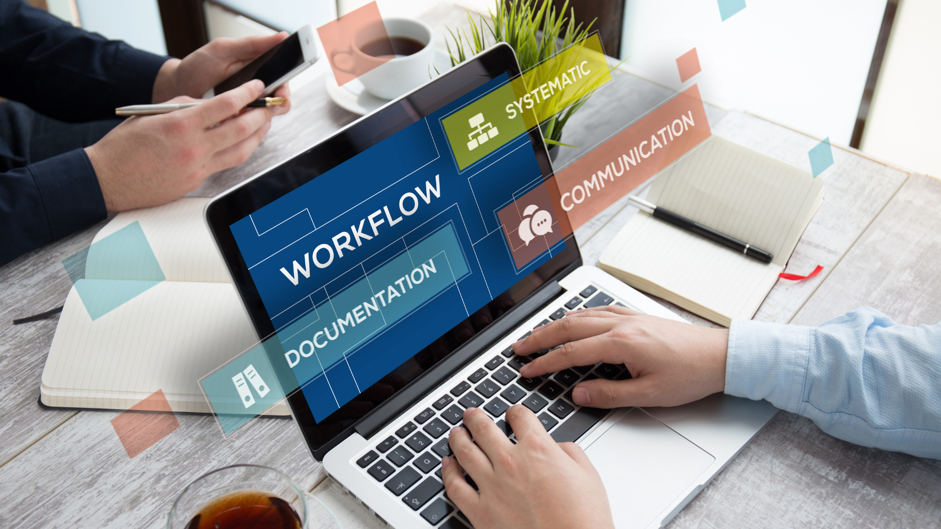 Hands typing on a laptop with colorful workflow, communication, and collaboration icons floating above desk