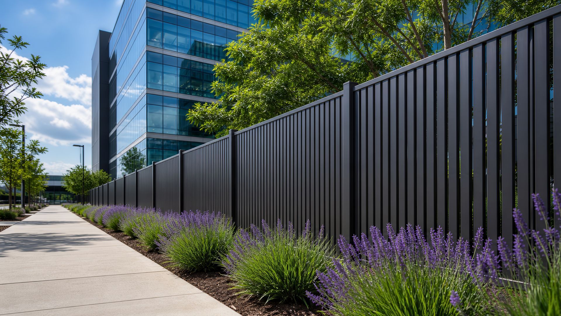Sidewalk beside a black fence and modern glass building, with purple flowers and trees along the path.