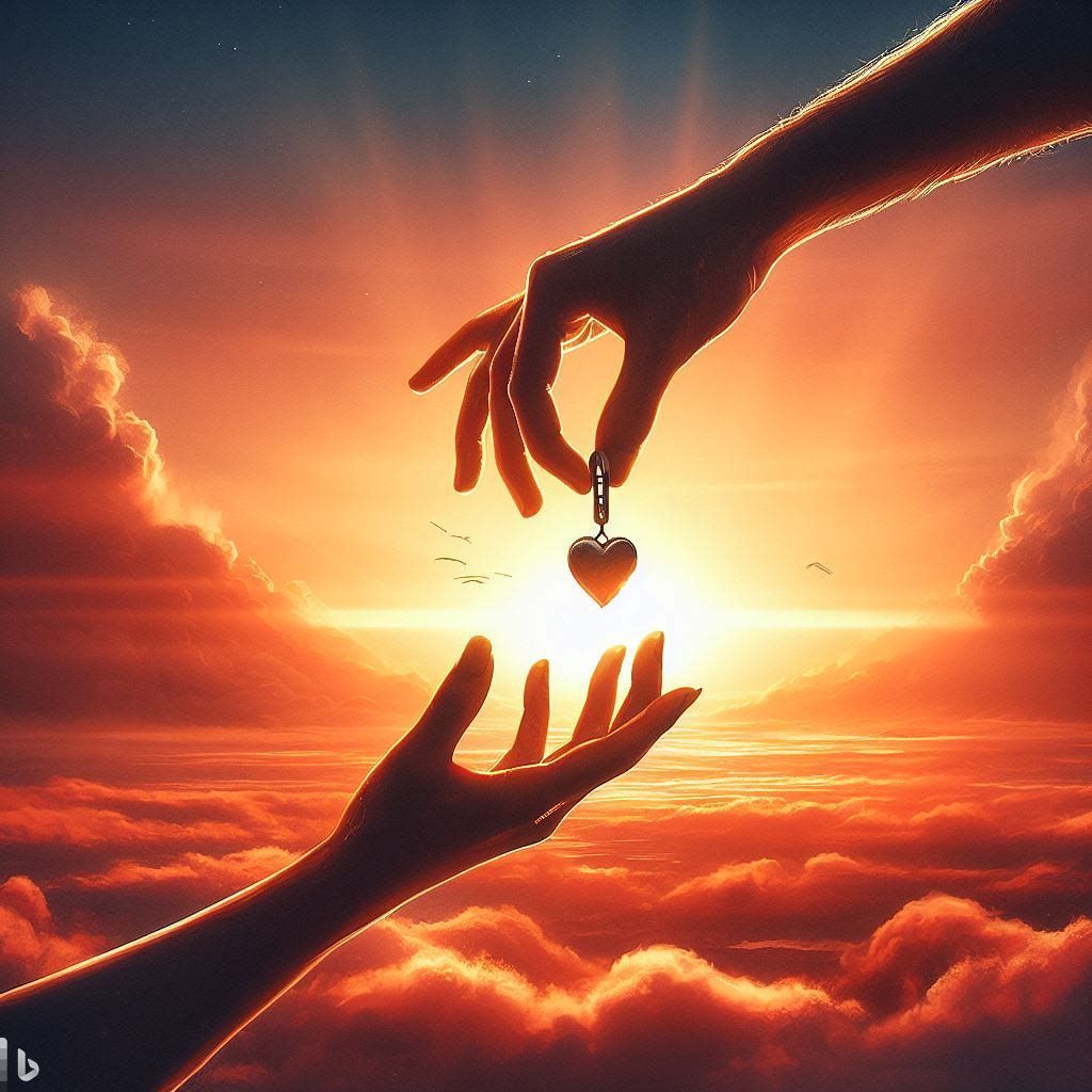 Two hands reaching for a heart shaped key