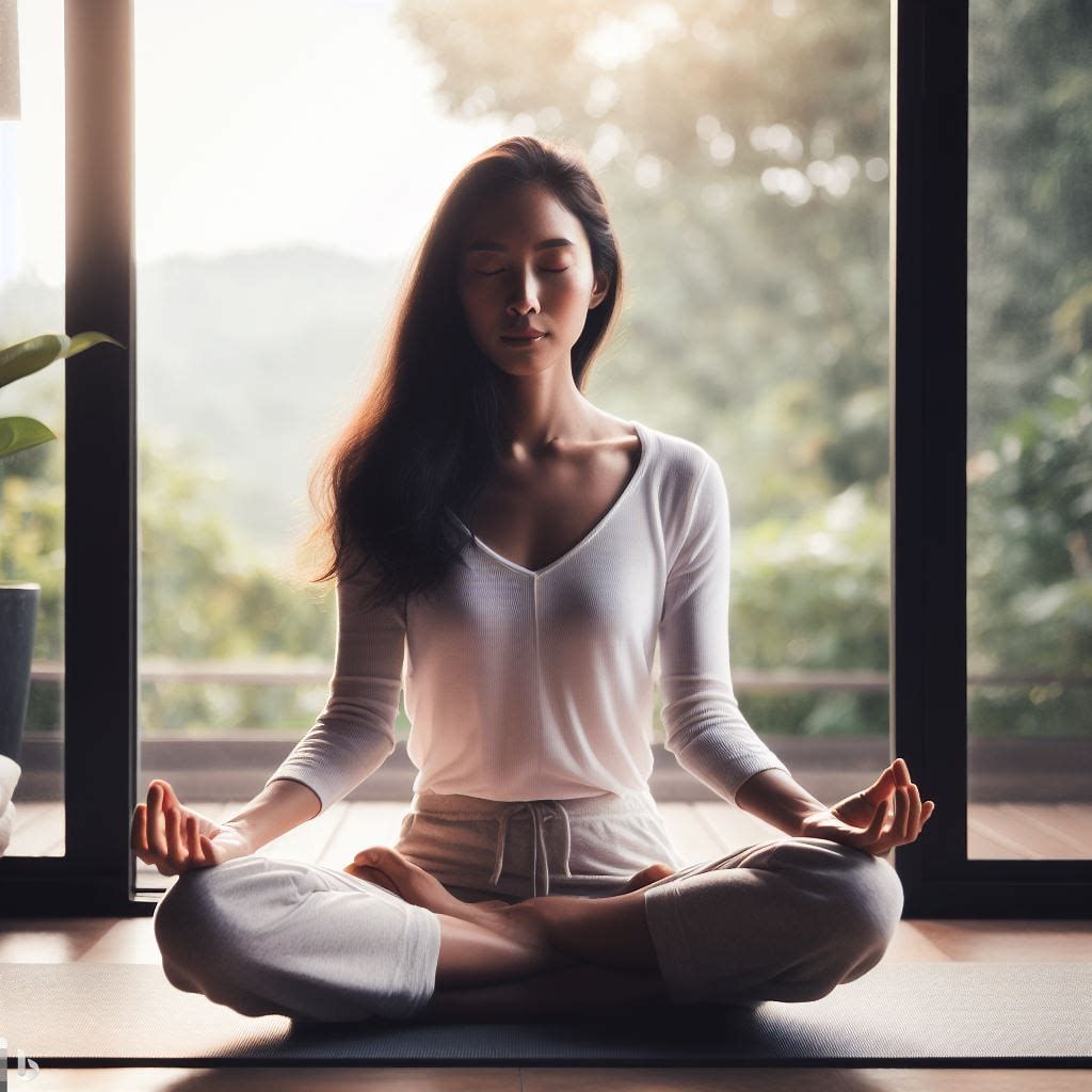 A woman is sitting in a lotus position on a yoga mat in front of a window.