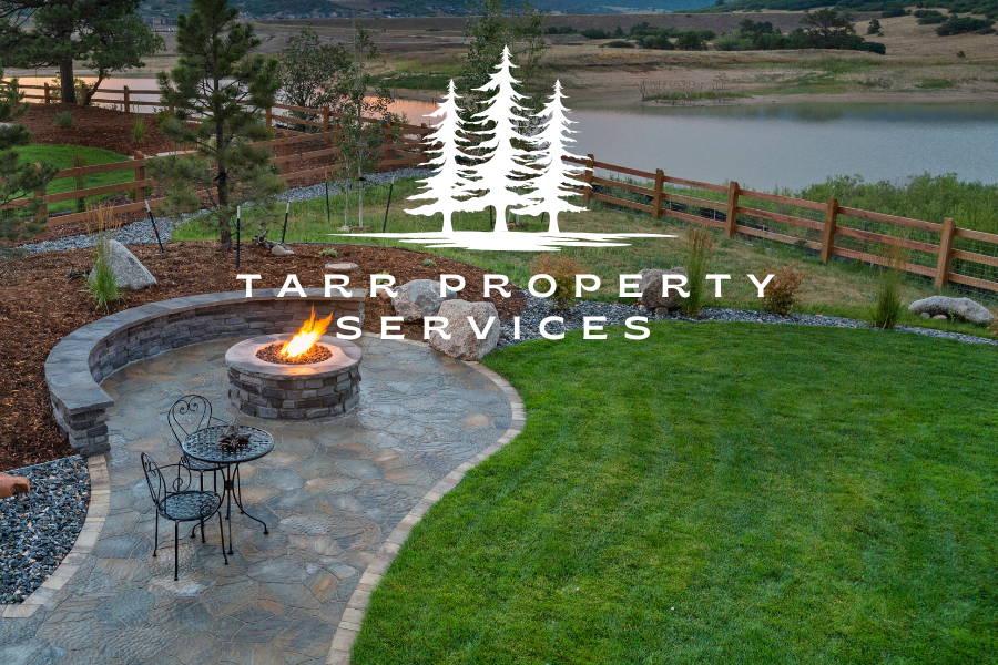 Landscaped yard with trees, a stone walkway, and mountains behind
