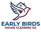 Logo of Early Birds House Cleaning OC: A bird with a cleaning brush, house outline, and text.