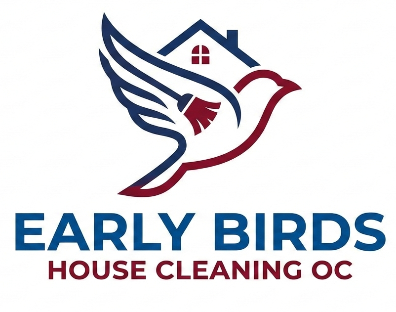 Logo of Early Birds House Cleaning OC: A bird with a cleaning brush, house outline, and text.