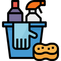 Cleaning supplies in a blue bucket: spray bottle, cleaner, glove, and sponge.
