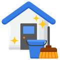 A house with a blue roof, door and bucket, and a broom. Yellow sparkles indicate cleaning.