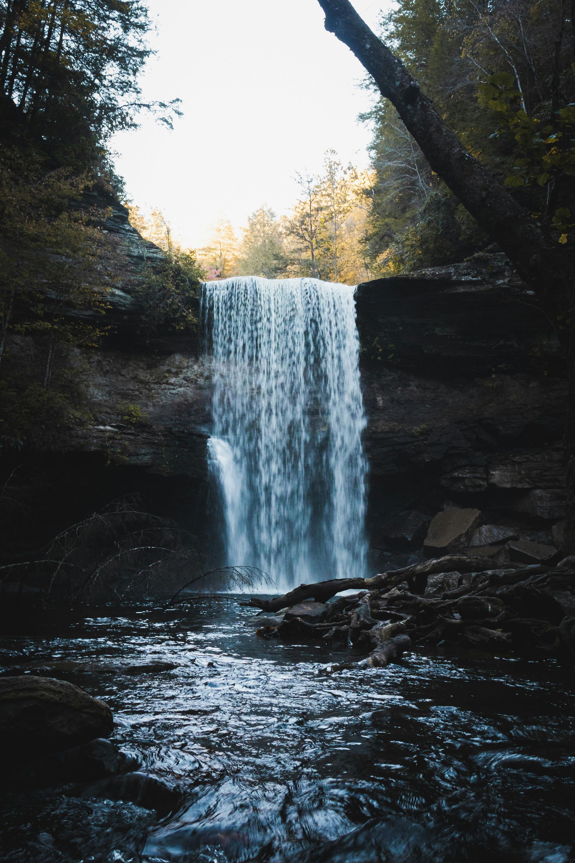 A small waterfall cascades into a dark rocky pool in a wooded gorge at sunset.
