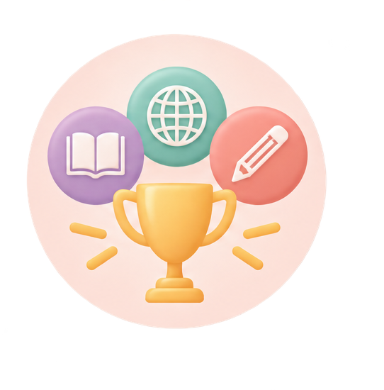 Gold trophy with book, globe, and pencil icons on a soft pink circle background