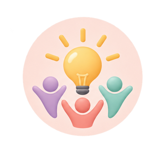 Three colorful people around a glowing lightbulb in a soft pink circle