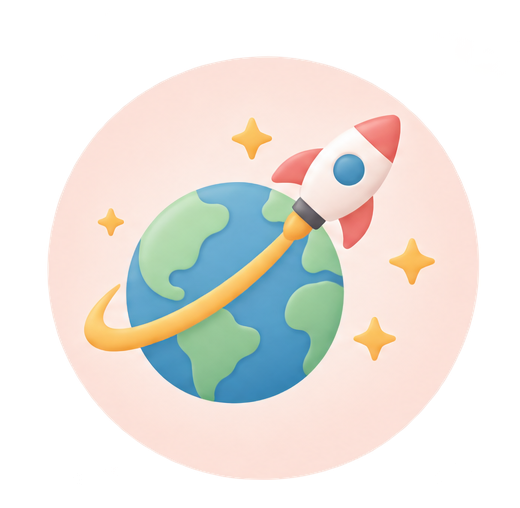 Cartoon rocket orbiting a blue-green globe with yellow stars on a pale pink background