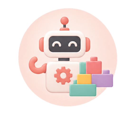 Cute white robot with pink accents beside colorful blocks, smiling on a pale pink background