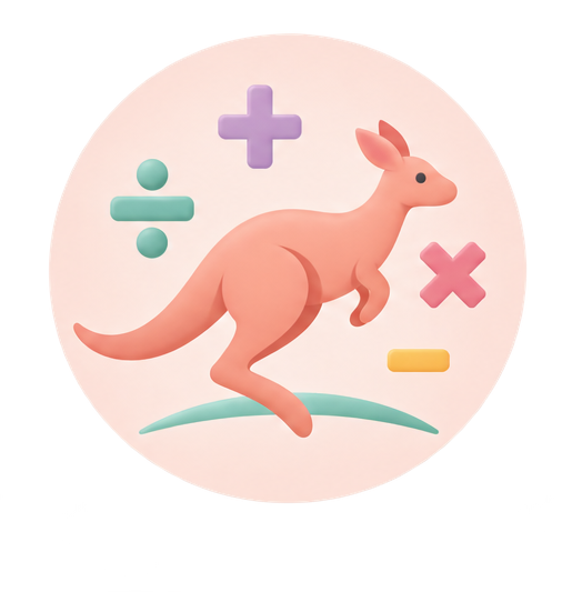 Pink kangaroo jumping with colorful math symbols on a light background