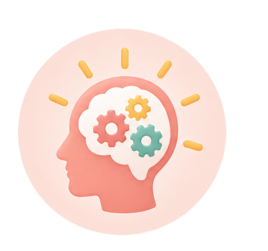 Pink head silhouette with gears and rays inside, symbolizing ideas or learning