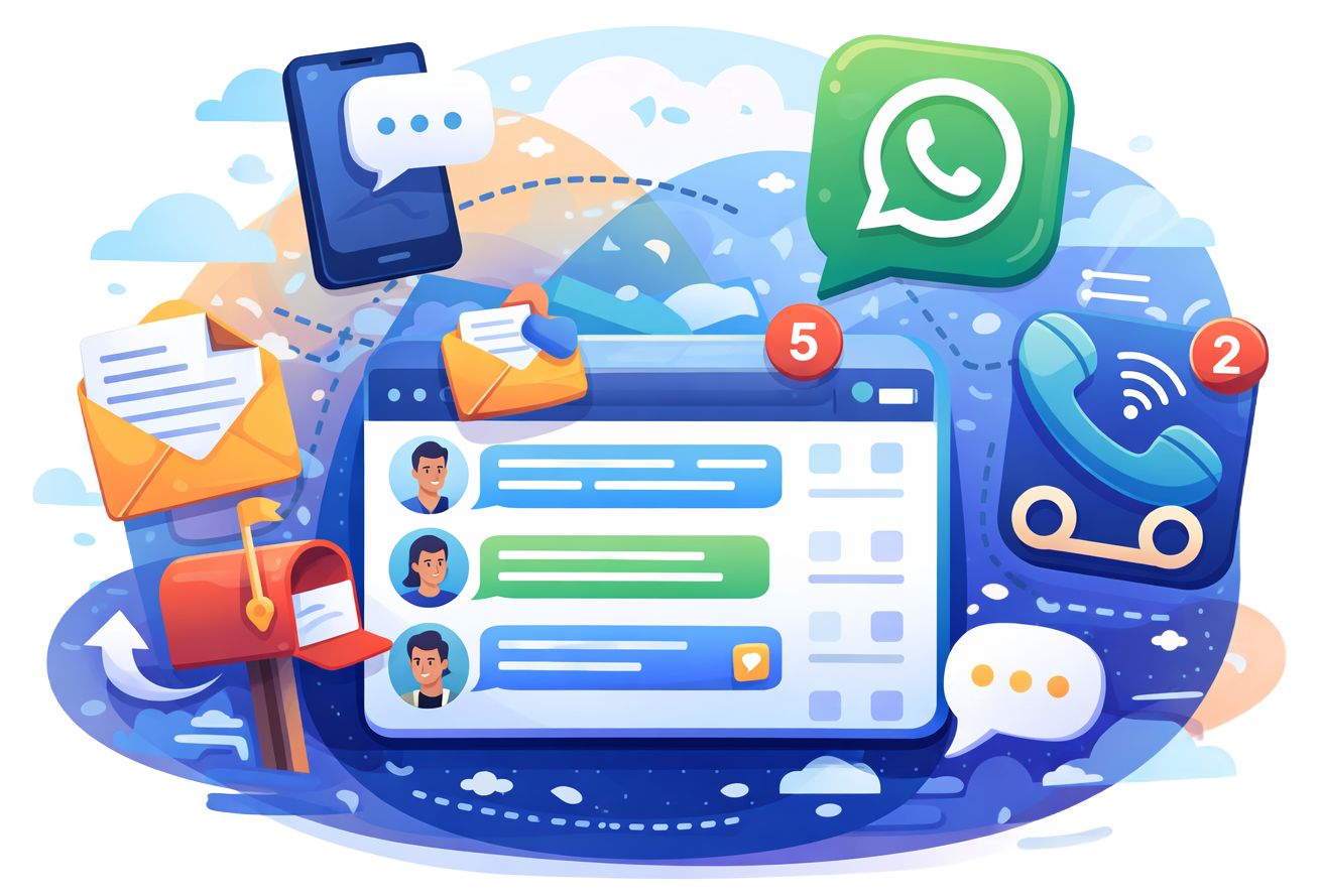 Illustration of various communication methods, including phone, email, and messaging apps, with notification bubbles.