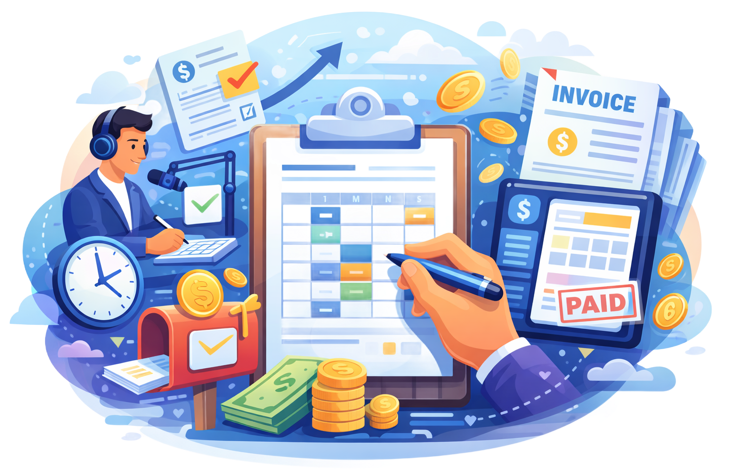 Accounting illustration for Timesheet feature: person reviewing documents, money, invoices, charts, and a clock, representing financial processes.
