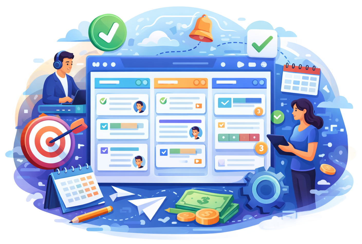Project management interface with team members, tasks, and progress indicators.