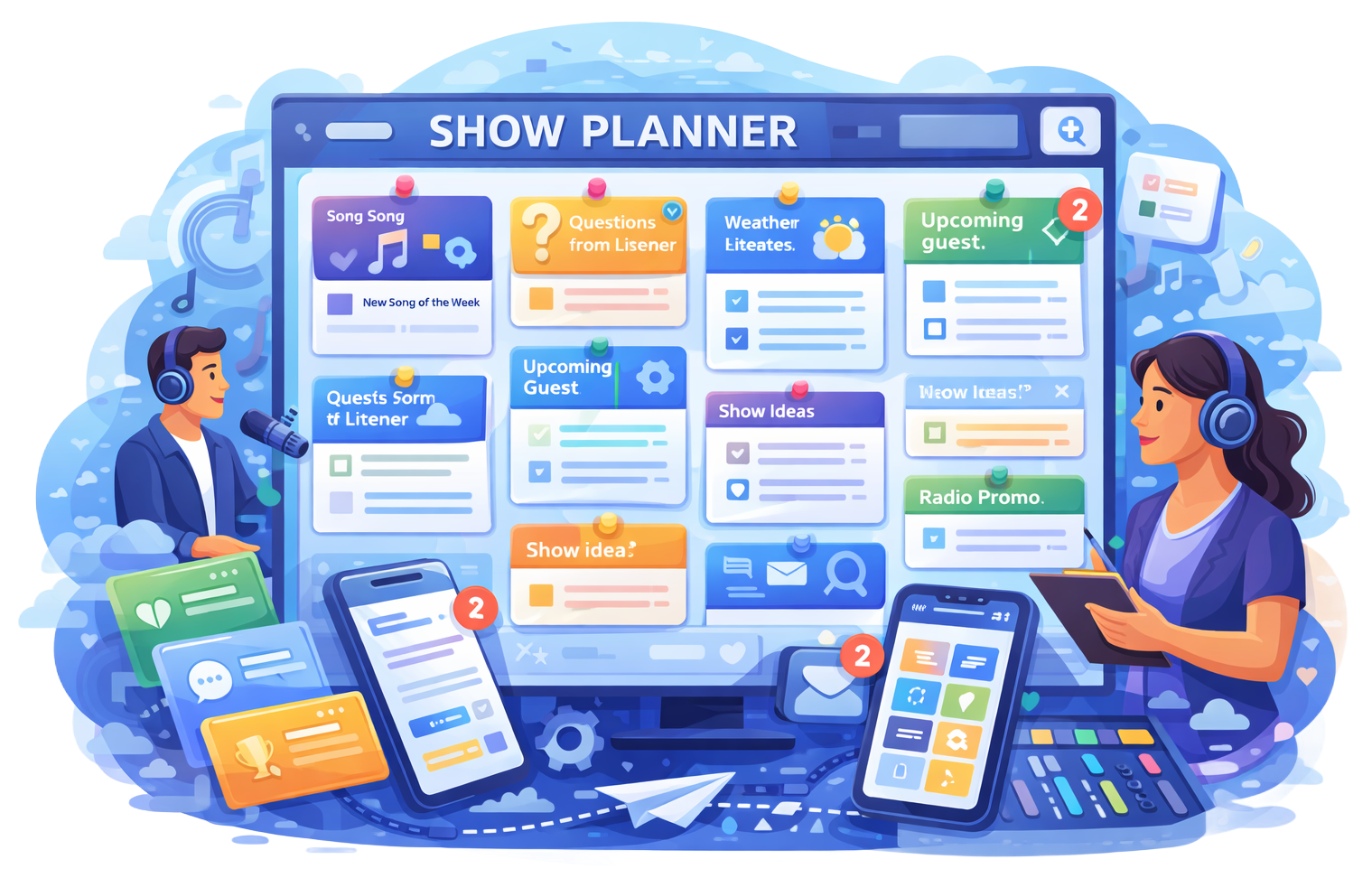 Show planner interface with icons, staff, and mobile devices in blue hues.