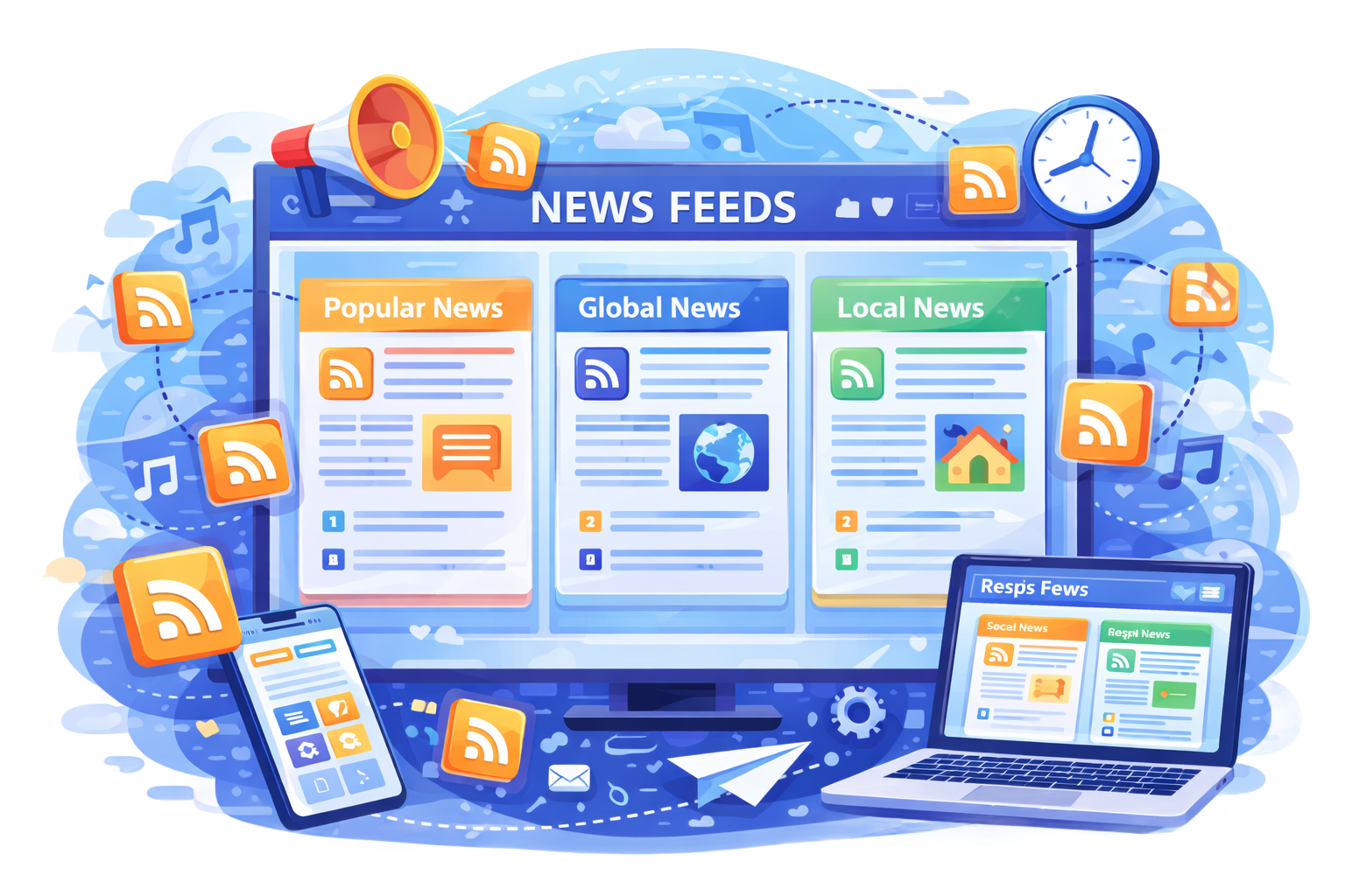 News feed interface on a monitor, phone, and laptop with news categories, surrounded by RSS feed icons and sound waves.