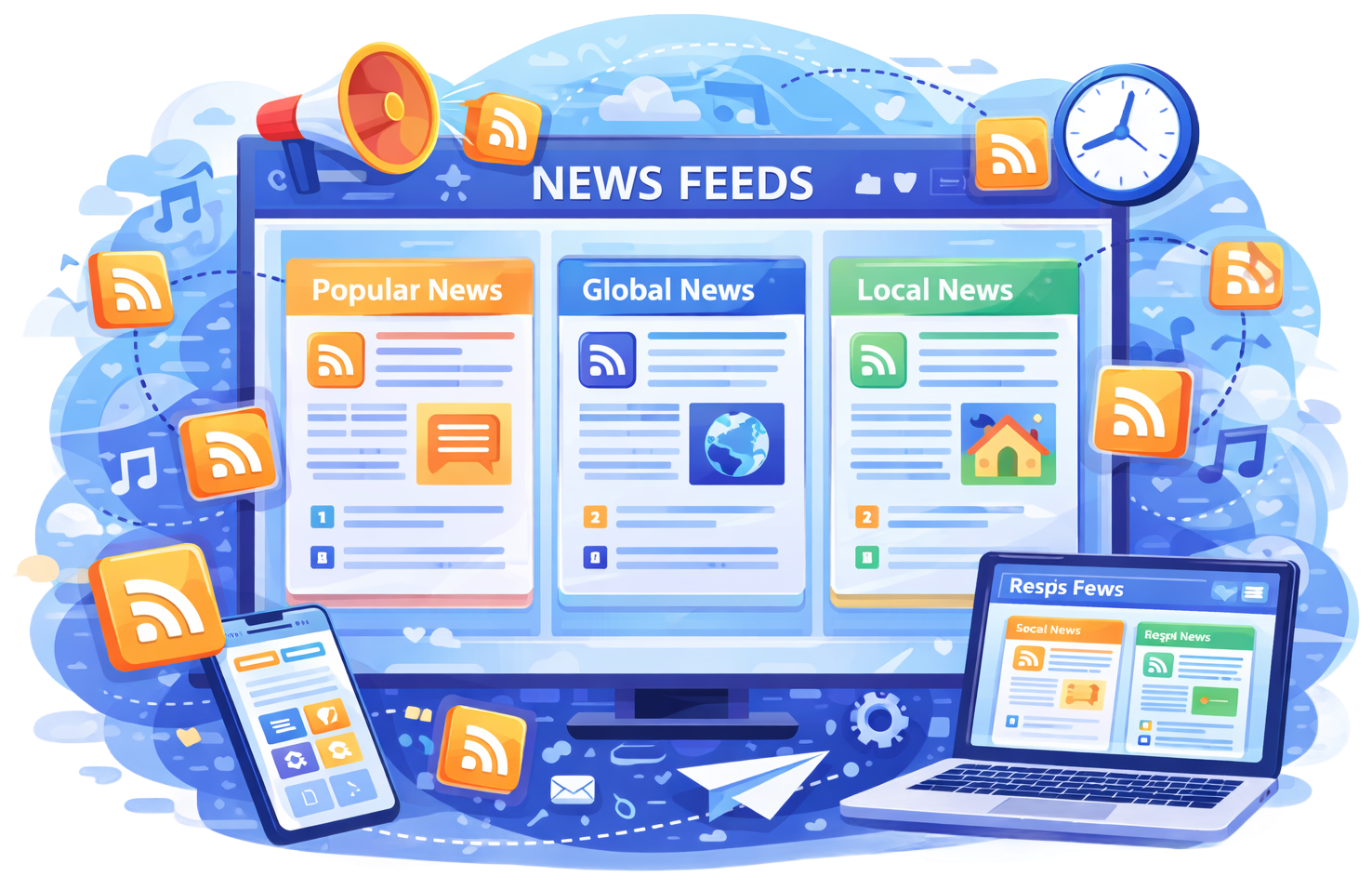 News feeds interface on a screen, showing popular, global, and local news. Devices and RSS icons surround it.