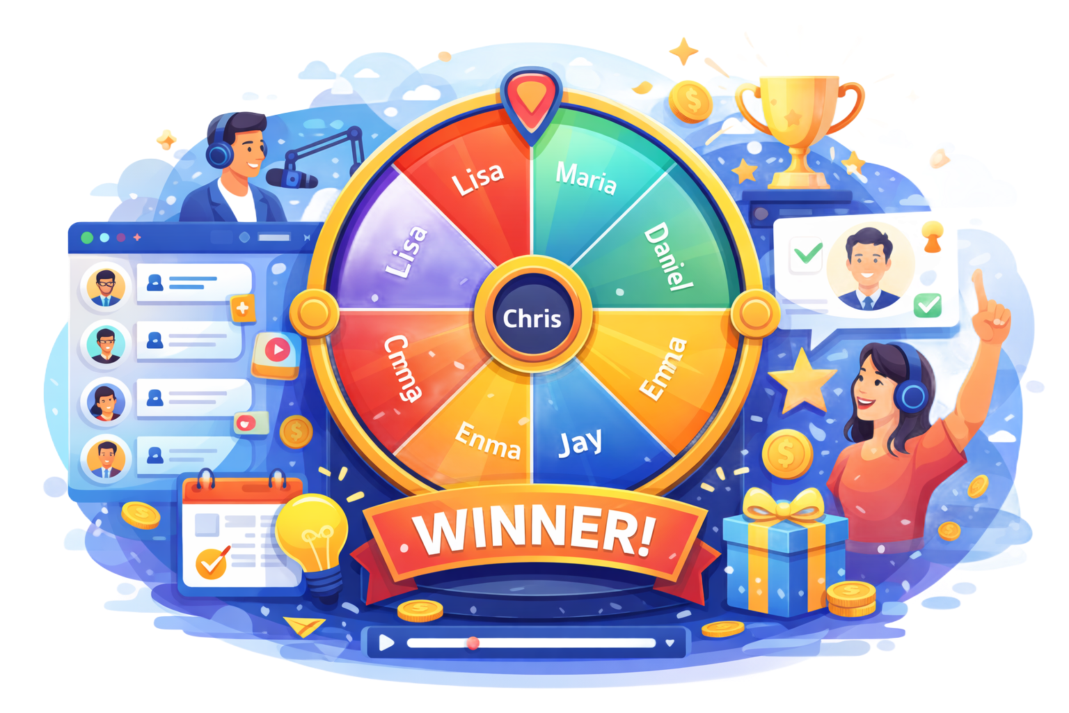A prize wheel with names, a
