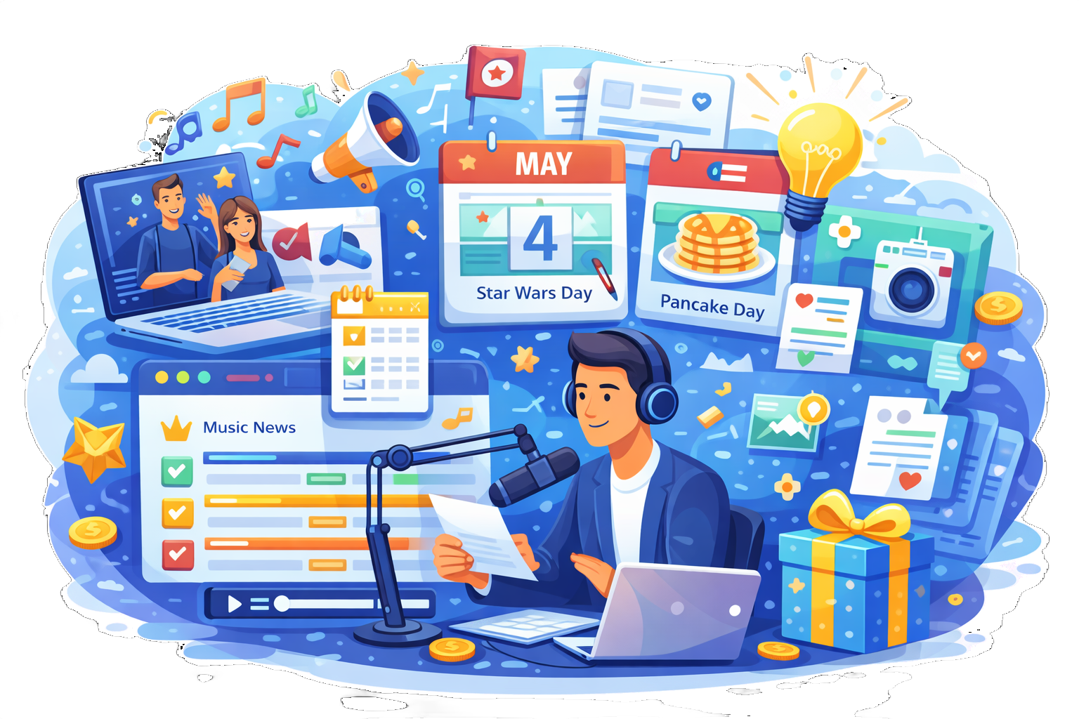 Man at microphone broadcasting, surrounded by media and a May 4th calendar.