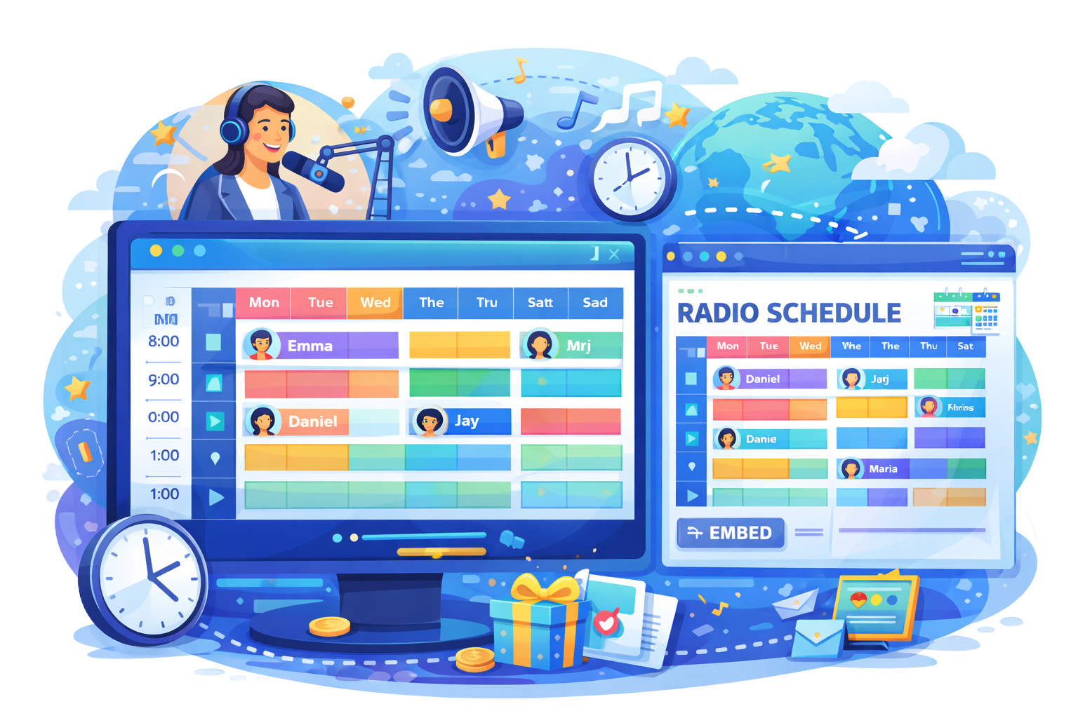 Radio show illustration: DJ with headphones, schedule on a computer screen, clock, and world map with music notes.