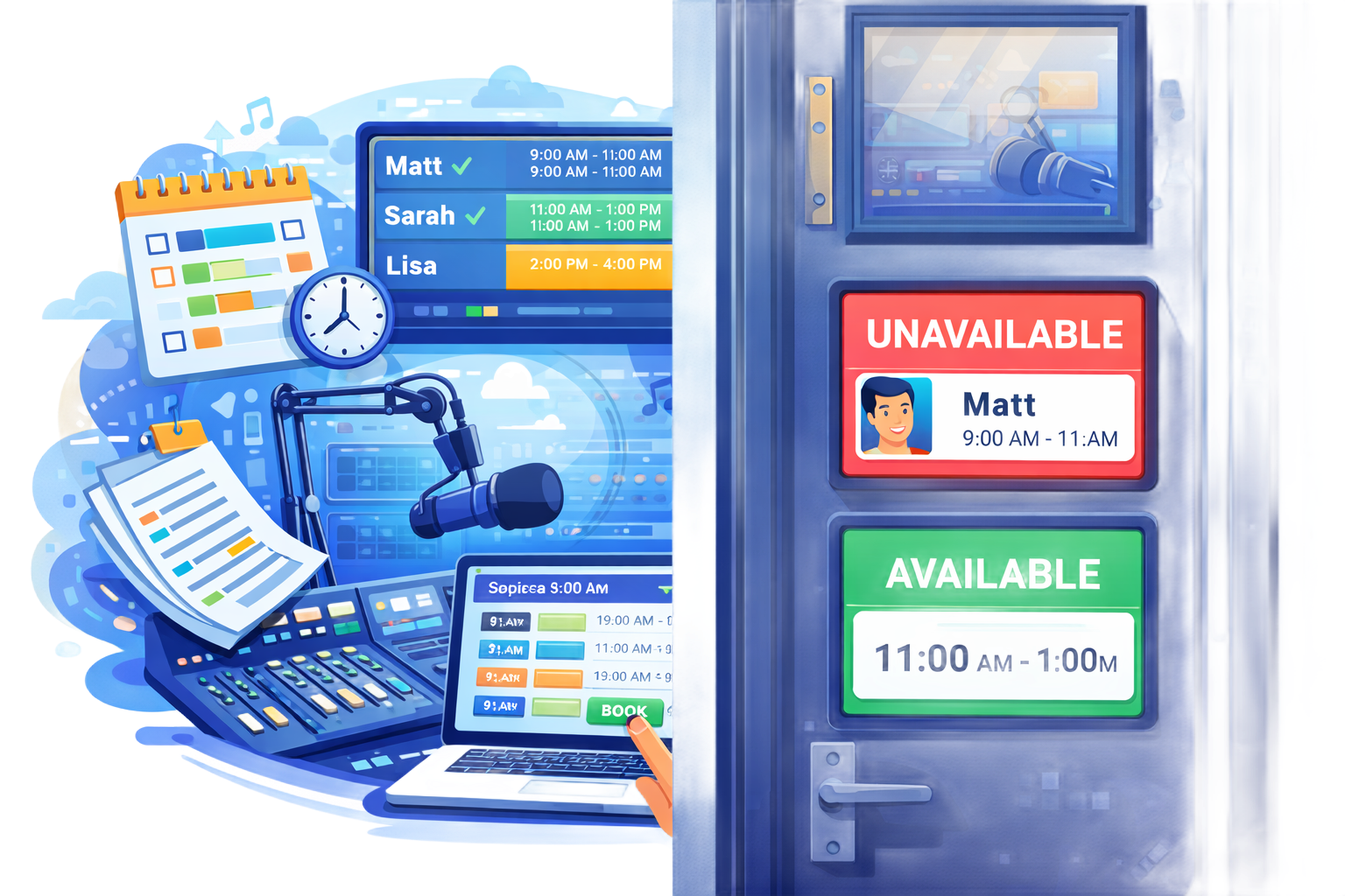 Radio broadcasting setup illustration next to a door with digital availability signs.