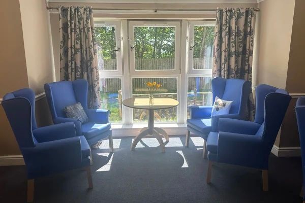 Blue wingback chairs arranged around a small table in front of a window, sunlit room.