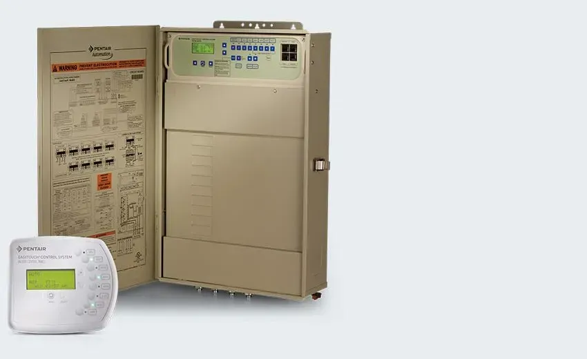 Security system control panel and keypad. Beige. Open panel with schematics, keypad on the left.