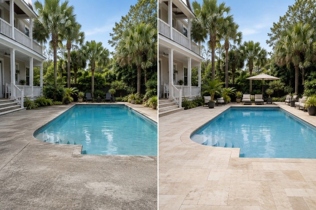 Before and after pool deck renovation at a Kiawah Island, SC vacation rental pool