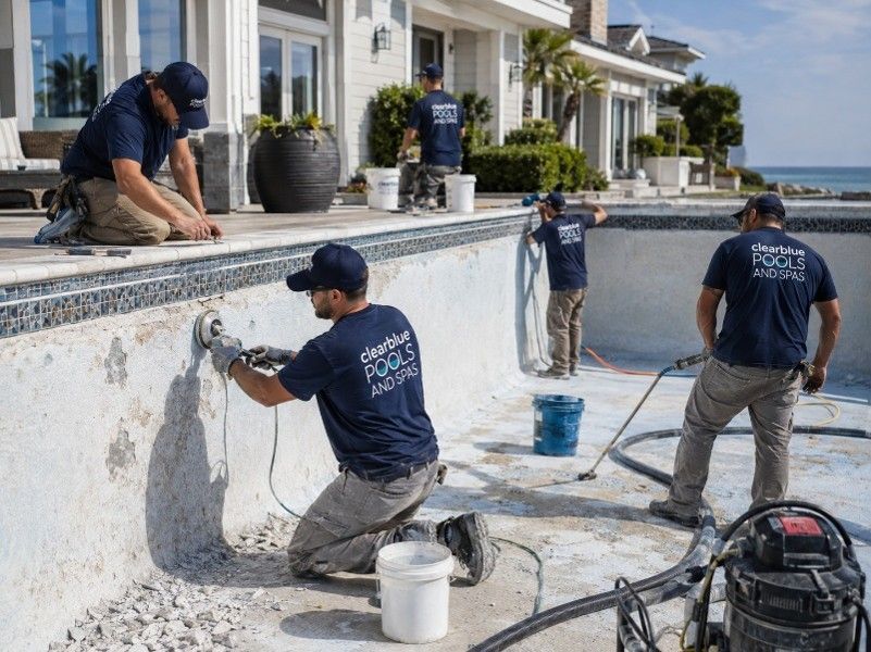 Clear Blue Pools crew resurfacing an empty pool and repairing tile in Mount Pleasant, SC Clear Blue Pools crew resurfacing an empty pool and repairing tile in Mount Pleasant, SC