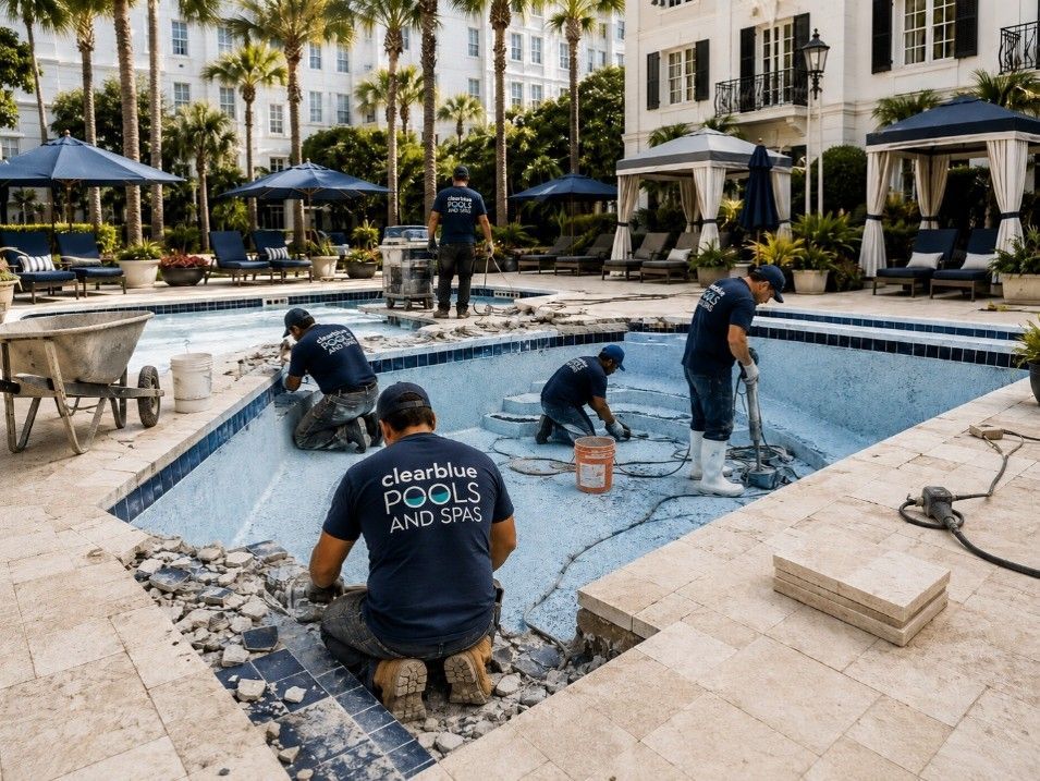 Clear Blue Pools crew removing waterline tile during a pool renovation in Mount Pleasant, SC