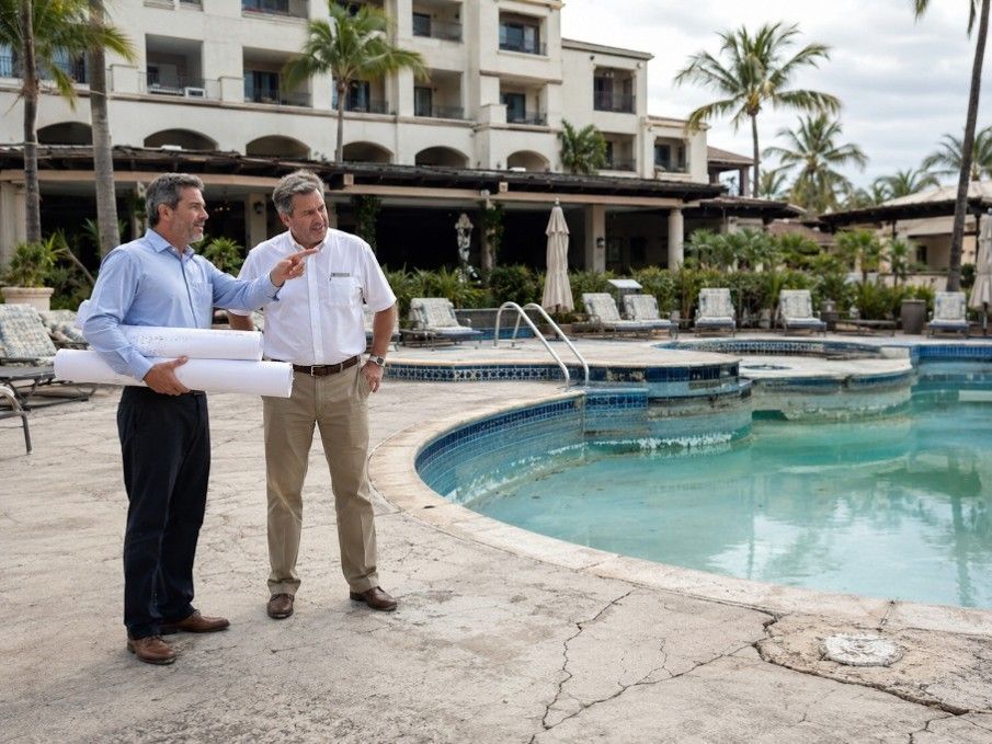 Pool contractors reviewing repair plans beside a resort pool in Kiawah Island, SC Pool contractors reviewing repair plans beside a resort pool in Kiawah Island, SC