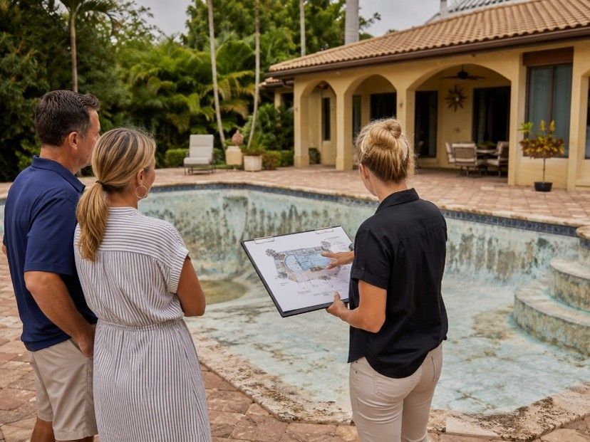 Pool renovation contractor reviewing plans with homeowners in Seabrook Island, SC
