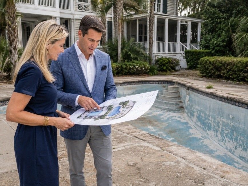 Contractor and homeowner review remodel plans beside a drained pool at a Kiawah Island home