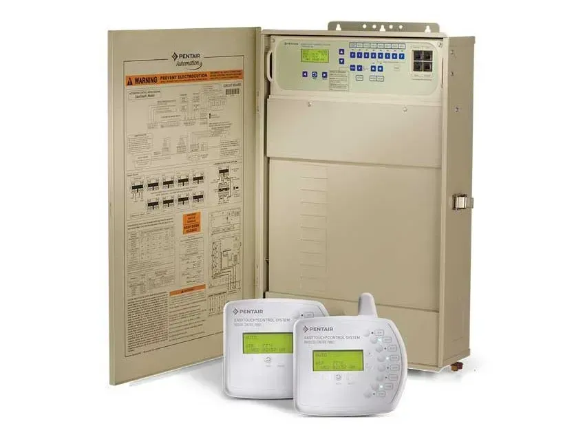 A beige security system panel with two white keypad controllers. The panel has an open door with wiring diagrams.