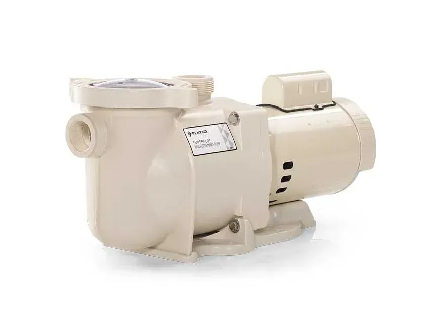 A white swimming pool pump with a motor attached to it on a white background.