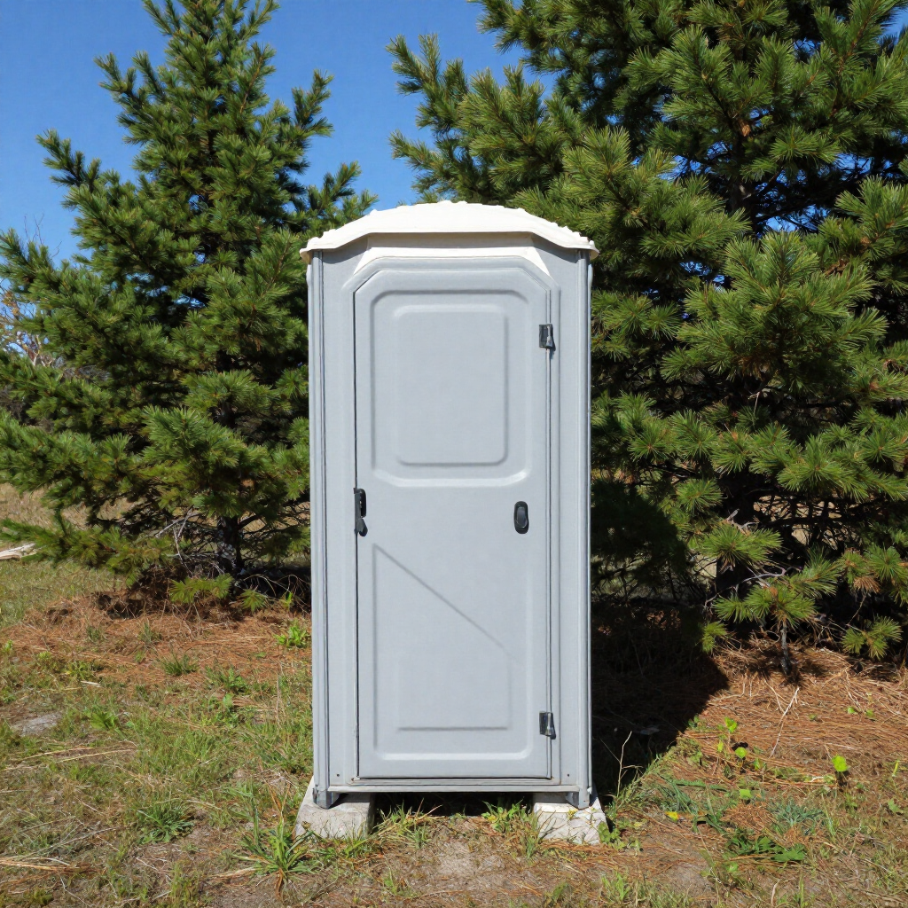 A grey portable toilet stands outside in a grassy area in front of pine trees under a clear blue sky.