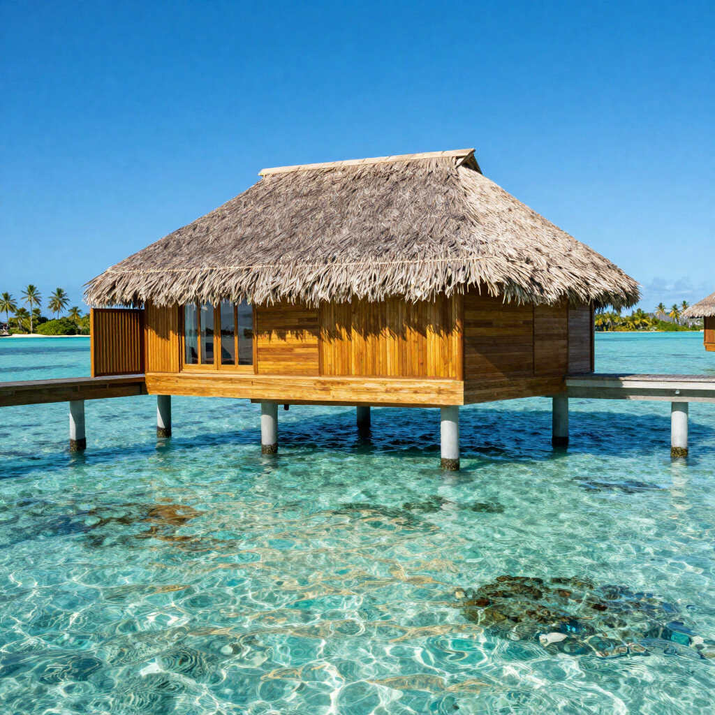 Luxury overwater bungalow overlooking crystal-clear turquoise water, representing a dream vacation.