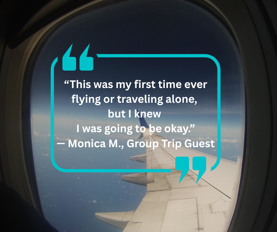 Airplane window view with teal quote: “I was going to be okay.”