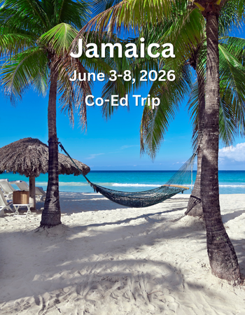 Jamaica June 3-8, 2026 Co-Ed Trip poster over a tropical beach with palm trees and a hammock
