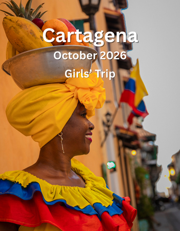 Cartagena, October 2026: woman in yellow headwrap and ruffled dress on a colorful street, “Girls Trip” text above