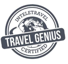 Black-and-white circular travel badge reading “Travel Genius” with “Intelletravel Certified” around a globe icon