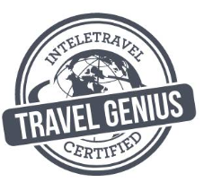 Black-and-white circular travel badge reading “Travel Genius” with “Intelletravel Certified” around a globe icon