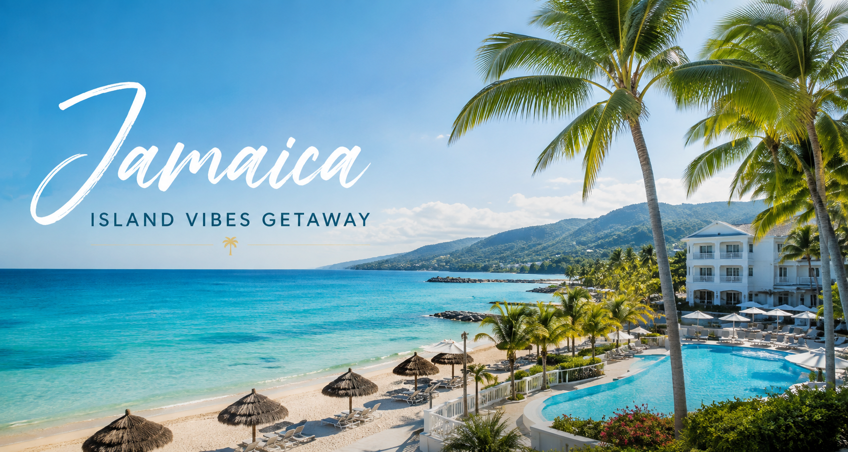 Jamaica Island Vibes Getaway featuring a tropical beachfront resort, turquoise Caribbean water, palm trees, and a resort pool.