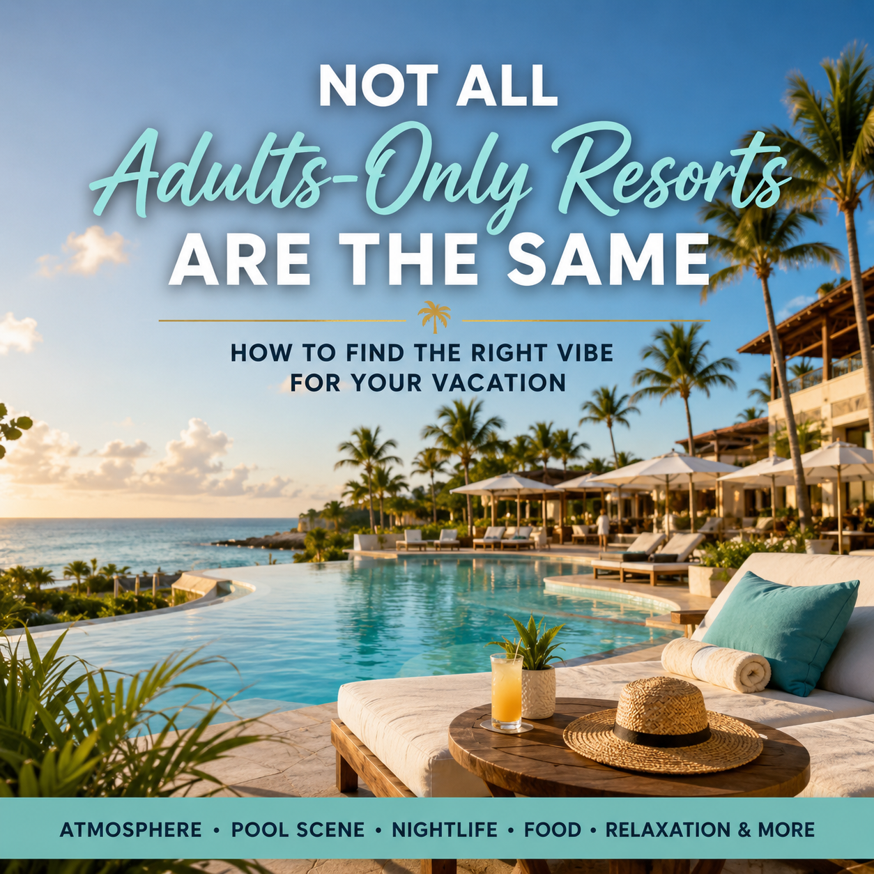 Luxury adults-only all-inclusive resort with oceanfront infinity pool, palm trees and relaxing tropi