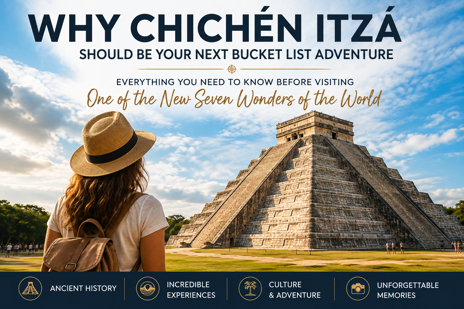 Traveler admiring the ancient Mayan pyramid at Chichén Itzá in Mexico, one of the New Seven Wonders